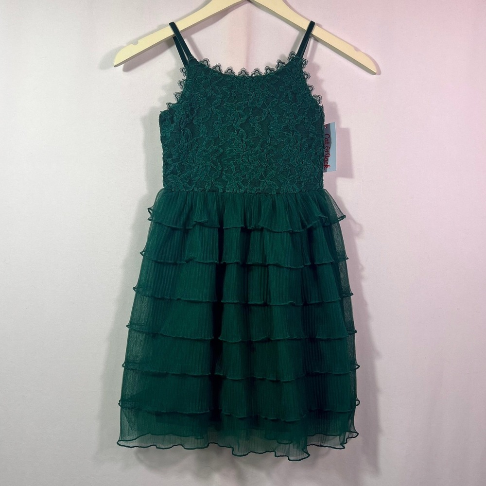 Cat & Jack Girls Green Lace Tiered Ruffle Party Dress Size M 8 New
